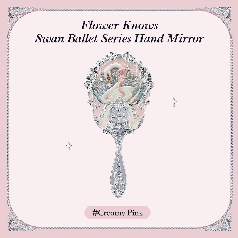 Flower Knows Swan Ballet Series Miroir de maintien à la main 3 types d'outils de maquillage en relief exquis Miroir de maquillage HD pour dames bleu rose