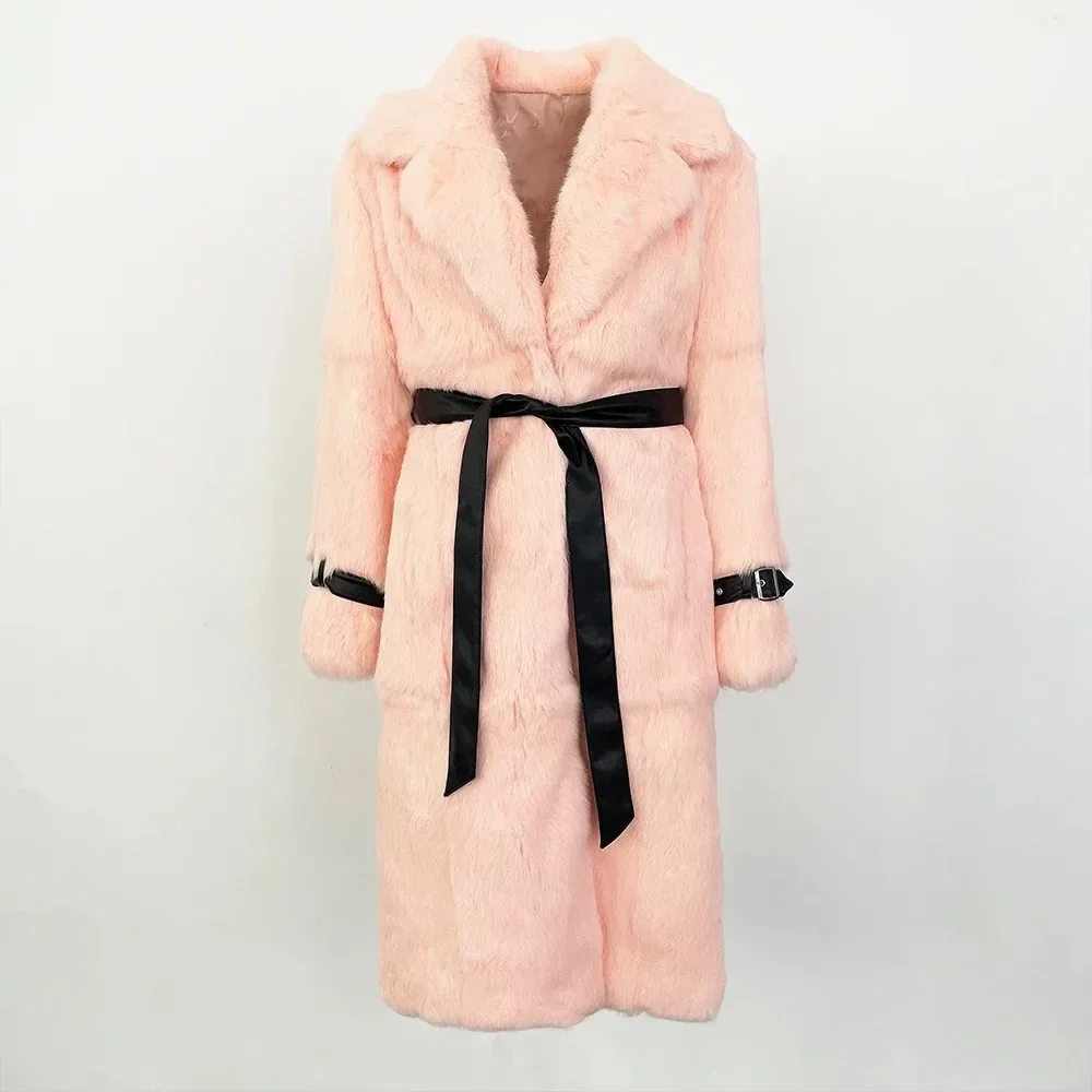 الخريف الشتاء النساء معطف فرو الأرنب فوق الركبة الجلود كاملة المستوردة موضة ليوبارد طباعة معطف سميكة الدافئة الفراء المتكاملة #3