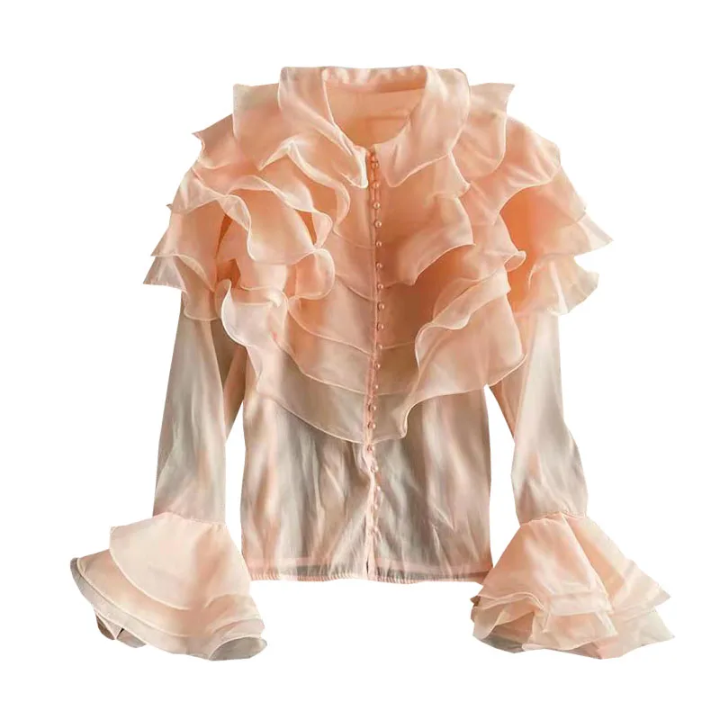 

Spring New Sle Ultra-Fairy T Court Wind Women's irt Organza See-Tough Faionable Top with Flared Sves