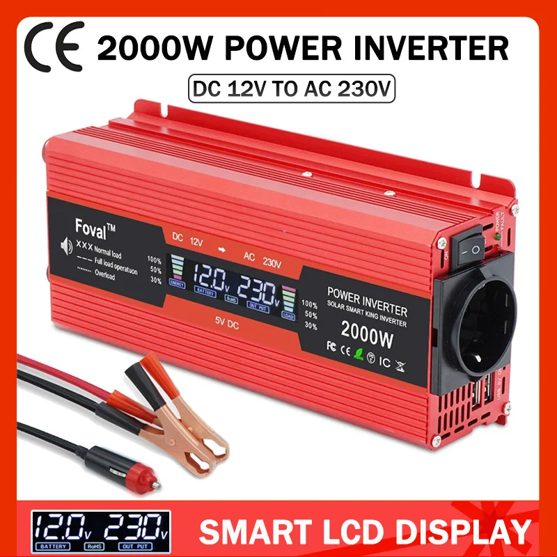 

DC 12V To AC 220V 1500W/2000W/2600W/3000W Peak LCD Screen Power Inverter Car Transformer Solar Converter With Dual USB EU Socket