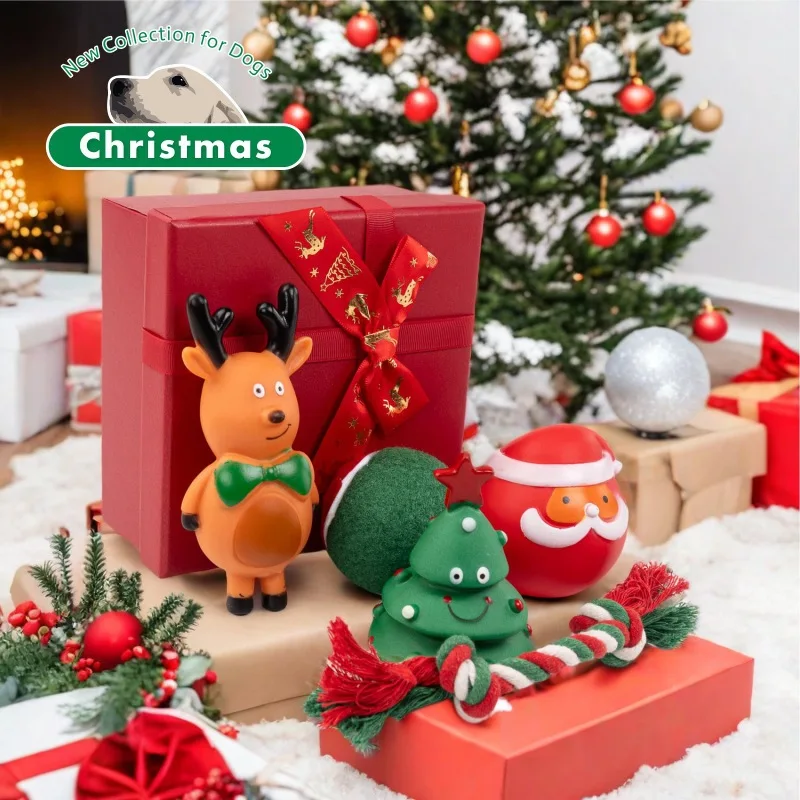 

Christmas Pet Toy Gift Box Bite-resistant Various Chewing Rope Ball Interactive Dog Toys Christmas Stocking Photography Props