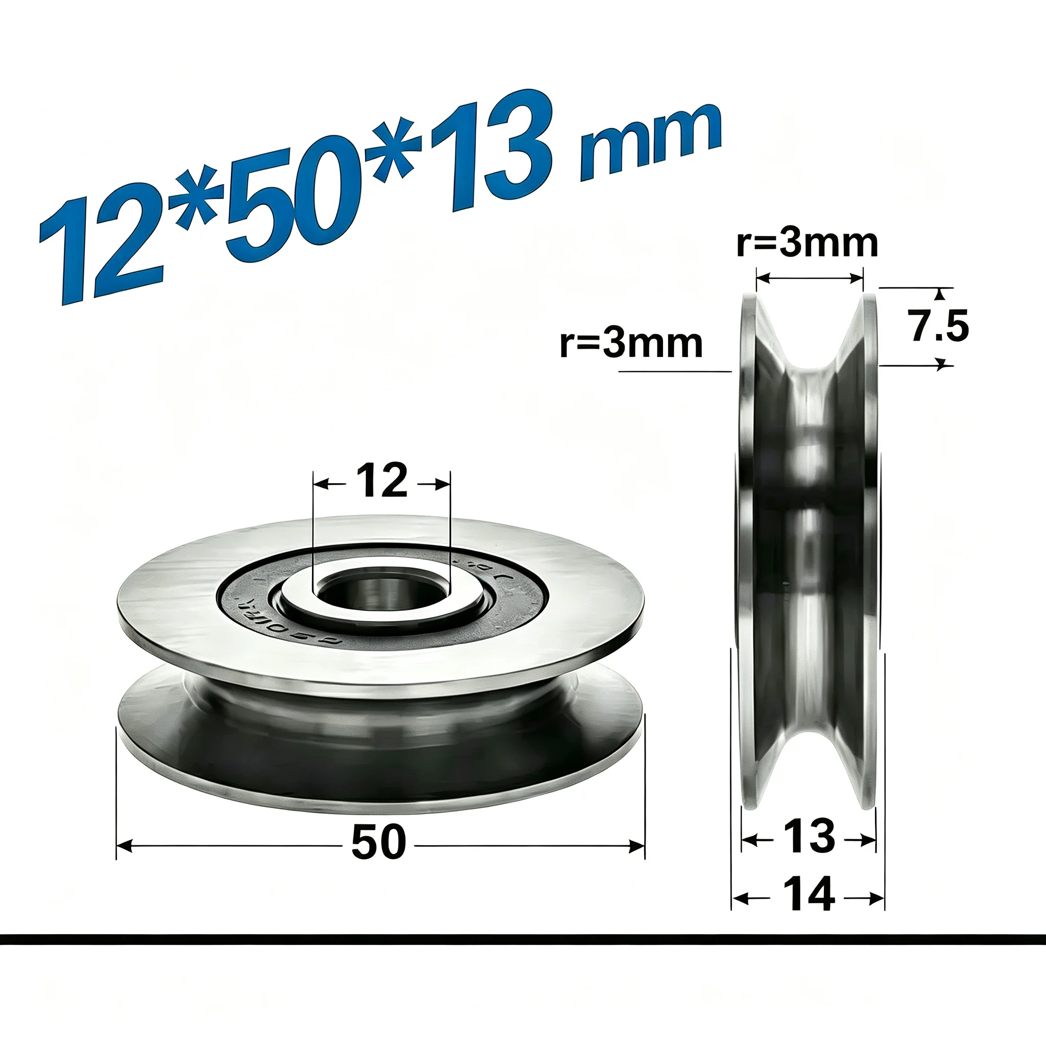 1pc 12*50*13mm 6301RS Bearing Steel Bearings, U Grooves V Round Bottom 5cm Pulley, 6mm Guide Wheel, Wire Rope Roller
