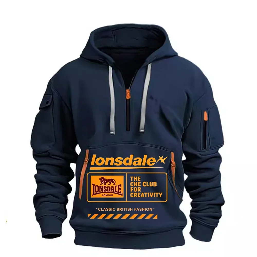 Sudadera con capucha y media cremallera Lonsdale British Fashion, estilo workwear con múltiples bolsillos, gráfico de marca en el pecho, holgada, unisex
