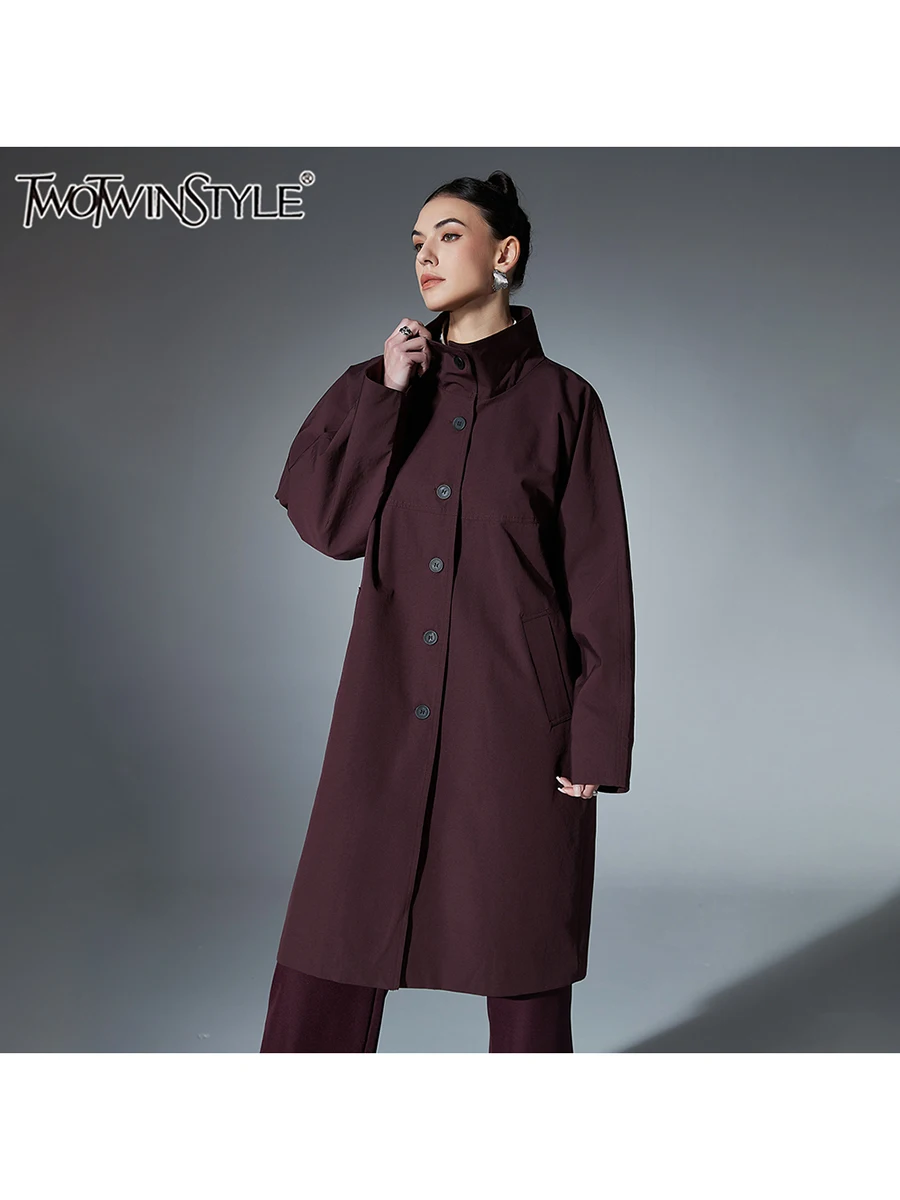 TWOTWINSTYLE Solid Casual Trench For Women Stand Collar Long Sleeve Patchwork Single Breasted Temperament Long Coats Female New