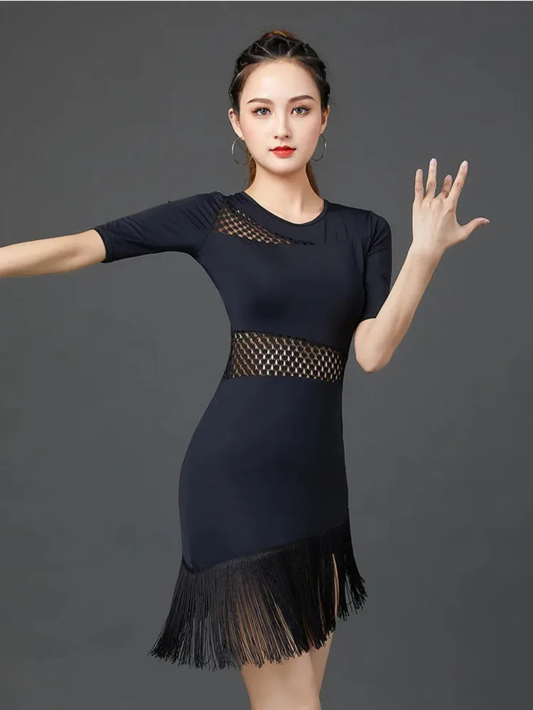 

Кружевное лоскутное асимметричное платье с бахромой и половиной рукавов — платья для латинских танцев для женщин, платья для бальных сценических шоу