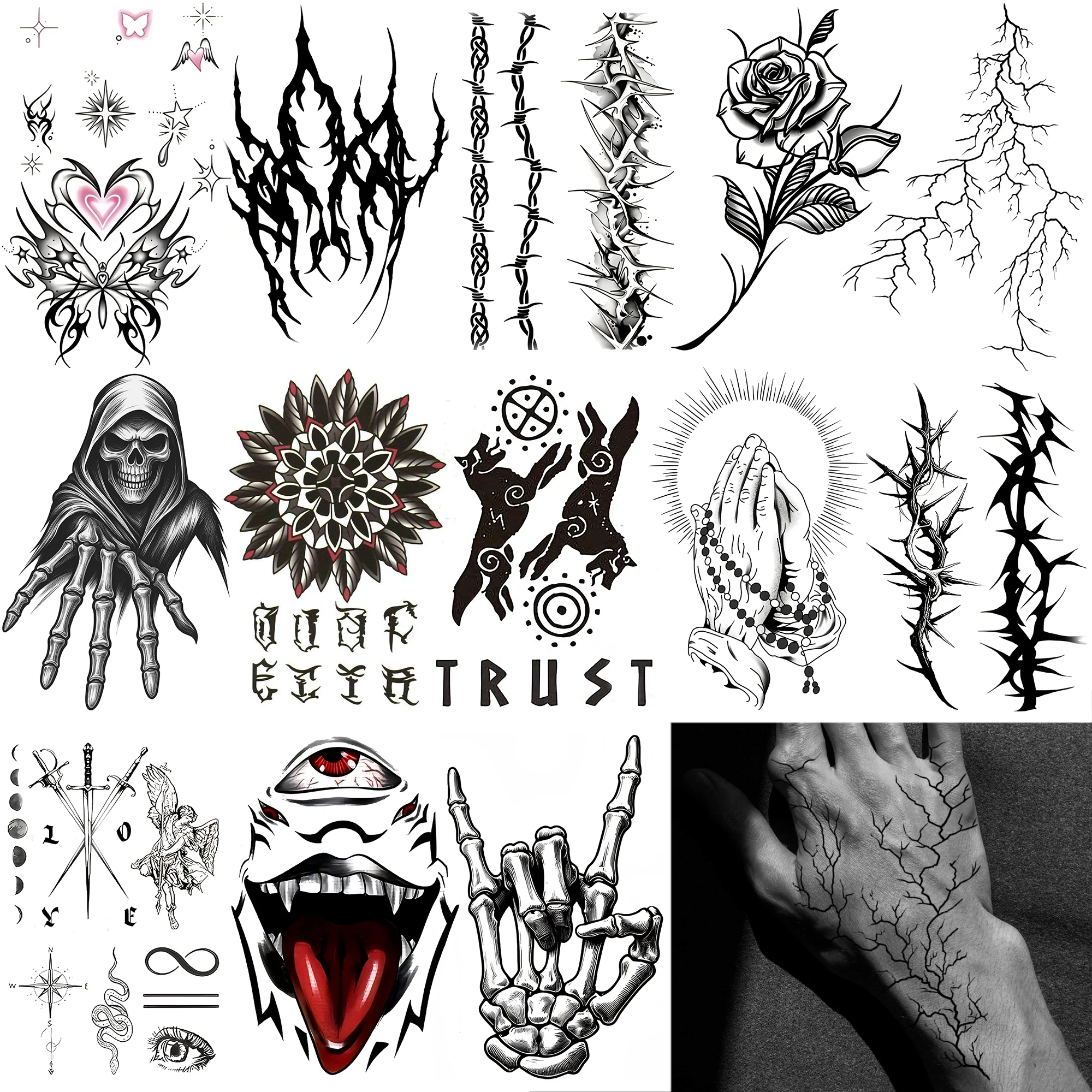 1 Sheet Halloween Skeleton Thorns Temporary Tattoos For Adult Hands Neck, Temp Fake Tattoo Stickers Long Lasting Realistic Tatoo