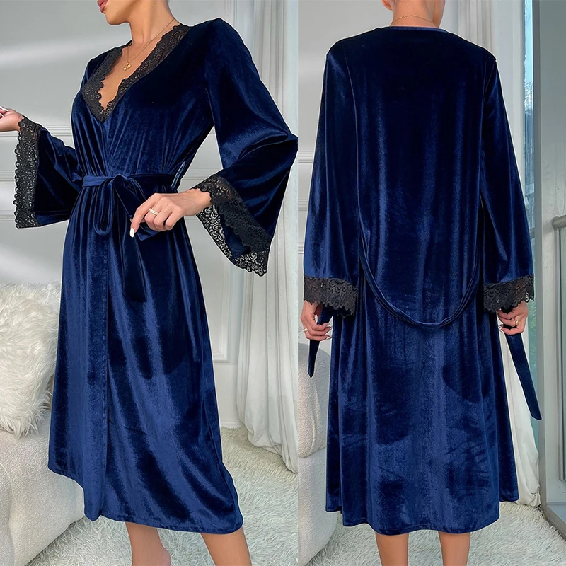 V-Neck Lace Bathrobe Gown Warm Velvet Nightgown Women Home Dress Sexy Sleepwear Long Robe Female Peignoirs Autumn Winter New