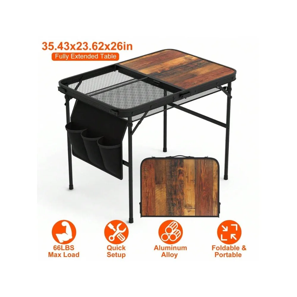 Folding Camping Table Collapsible Portable Picnic Table Lightweight Aluminum Alloy Height Adjustable BBQ Outdoor Cooking Table with Storage Net Bag 66 LBS Max Load for Camping Hiking Picnic Beach Backyard Party Fishing Easy Setup Heavy Duty