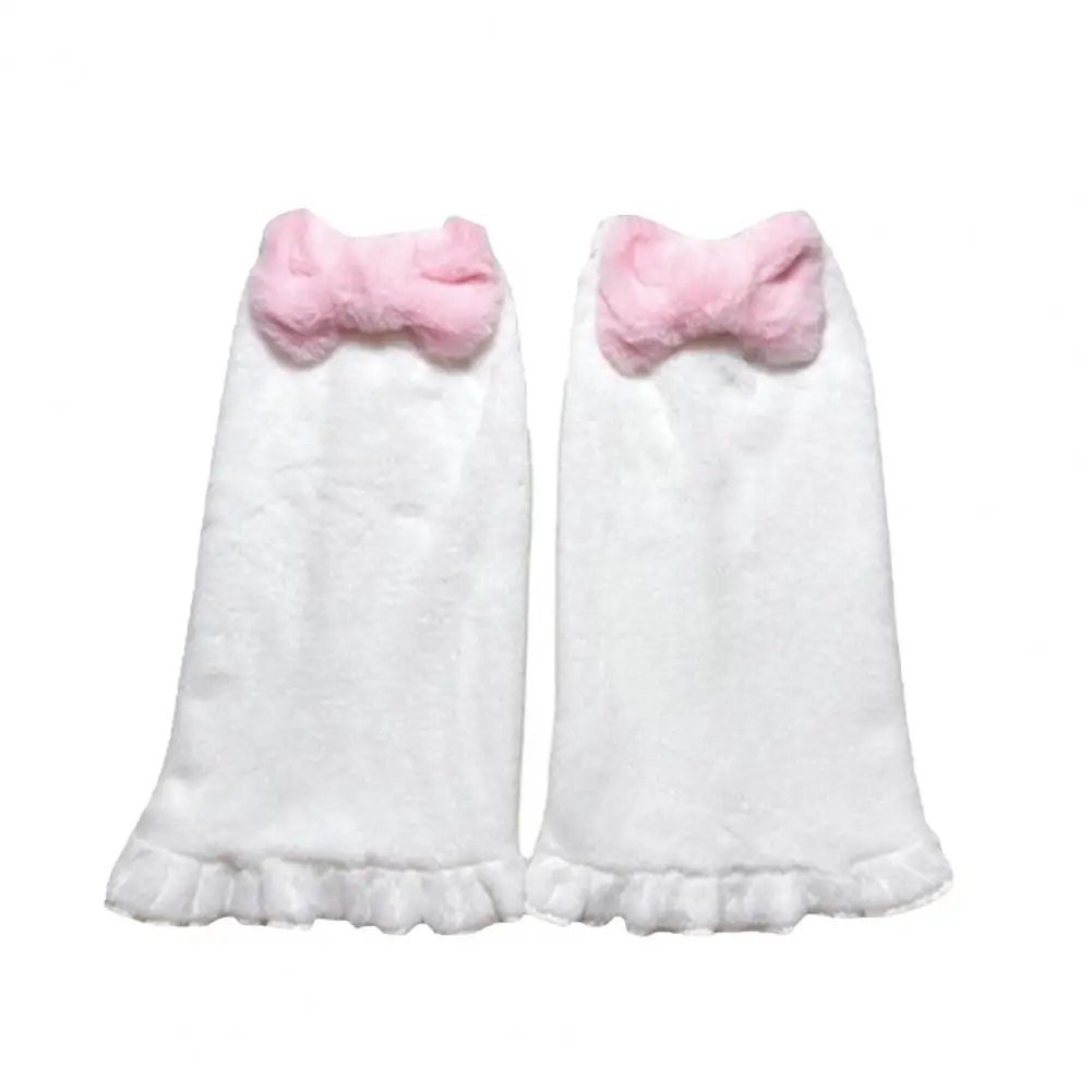 Jambières avec nœud rose en peluche pour femme, style Harajuku japonais, chaussettes à volants doux pour filles, chaussettes chauffe-pieds en