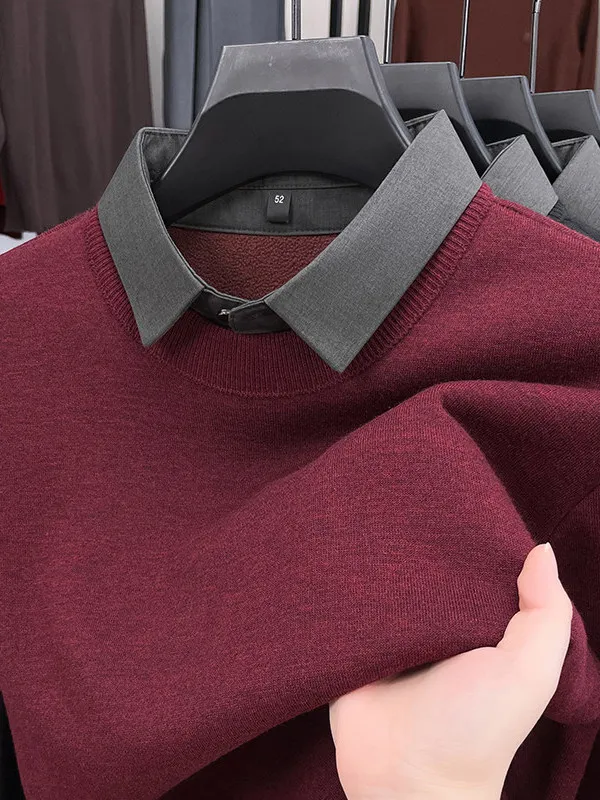 

Новый мужской свитер-обманка с воротником-рубашкой, зимний, модный, мягкий, удобный, из смесовой шерсти, с длинным рукавом, красный, в стиле Dad Style, 2025