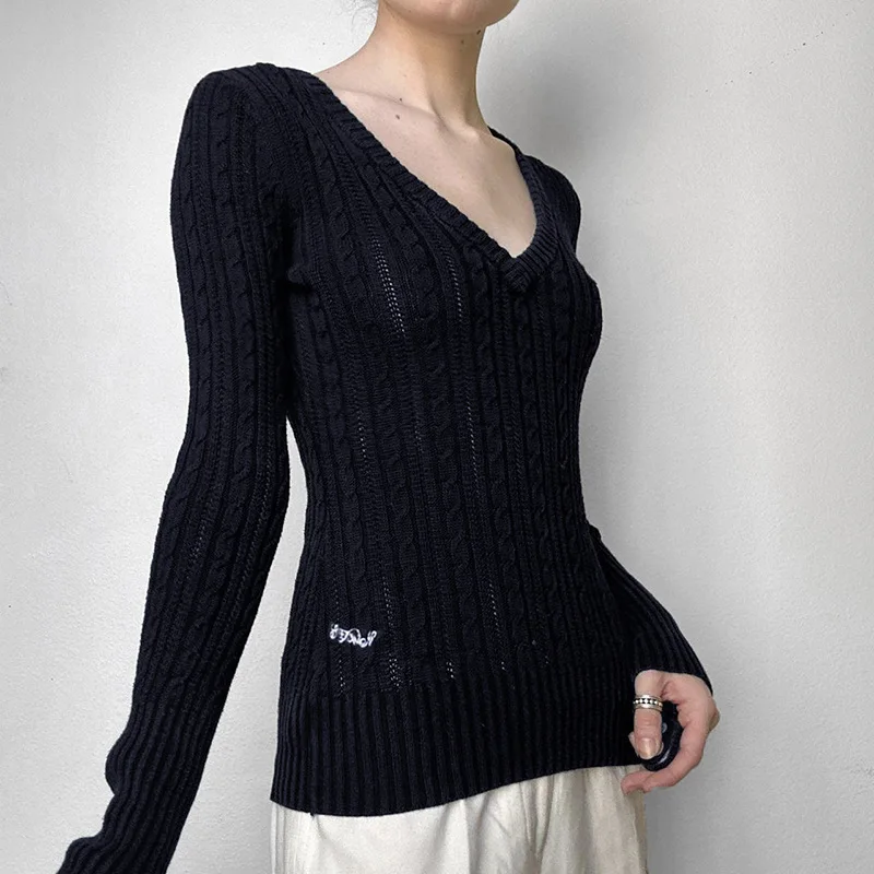 アメリカンシンプルカラーコントラストレター刺繍Vネック細身フィット揚げパンツイストセータースパイシーガールレトロカレッジトップ