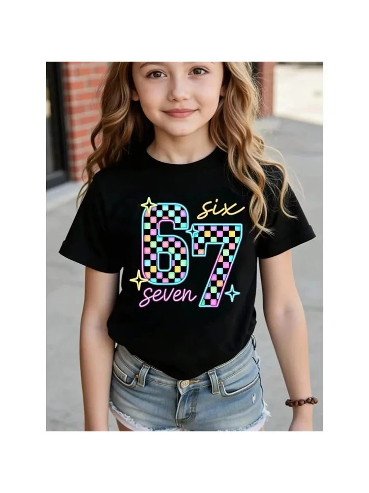 Kids Girls Sweet Donut Drip Number 67 Graphic T-Shirt, Soft Cotton Crew Neck, Cute Birthday Wear for Little Girlstk0059