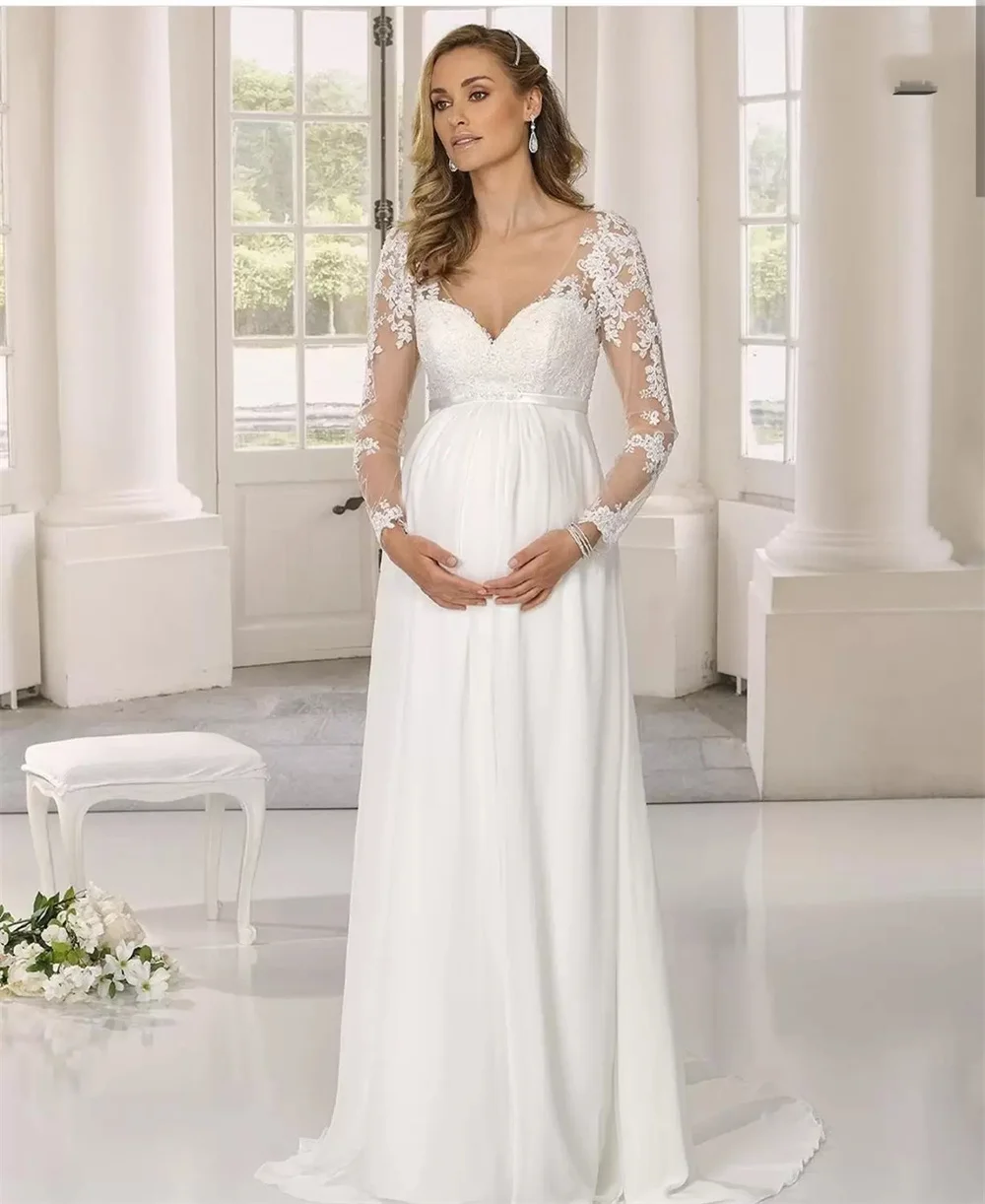 2023 Maternity Wedding Gowns For Pregnant Women Chiffon A-Line Beach Boho Bridal Dresses Illusion Long Sleeve Lace Appliquesed