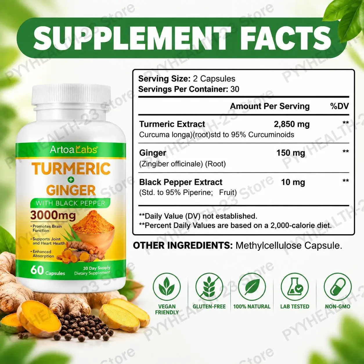 Turmeric & Ginger Capsules Promote Joint Comfort Enhance Joint Mobility for Active Senior Adults with Black Pepper 60 Capsules
