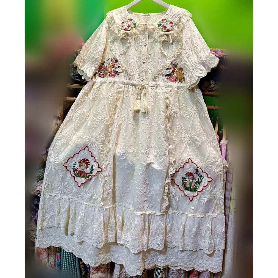 

Female Cotton Sweet Kawaii Cute Ruffled Lace Embroidery Midi Dress 2026 Mori Girl Lolita Summer Harajuku Cottage Core Long Dress