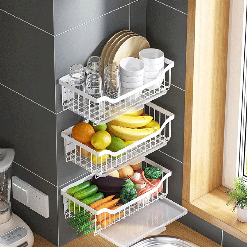 

Wall Hanging Storage Basket Hollow Draining Organizer Metal Container for Home Kitchen Vegetable Fruit Drain Shelf Rack Supplies
