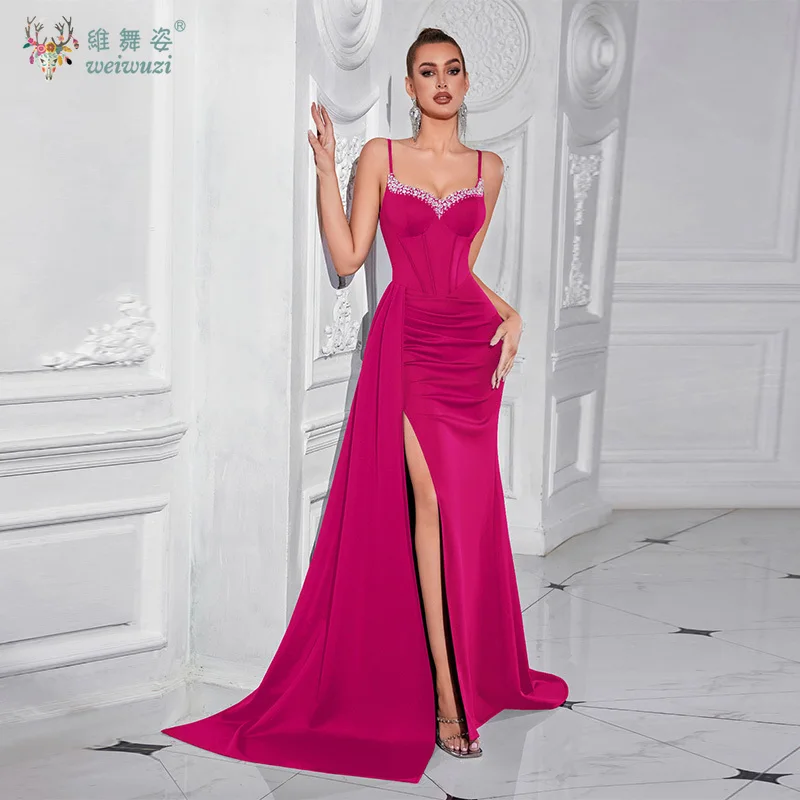 

Heavy Industry Studded Pearl Studded Diamond Evening Gown with Elegant Thin Shoulder Straps and Slim Fit Slit Evening Dresses