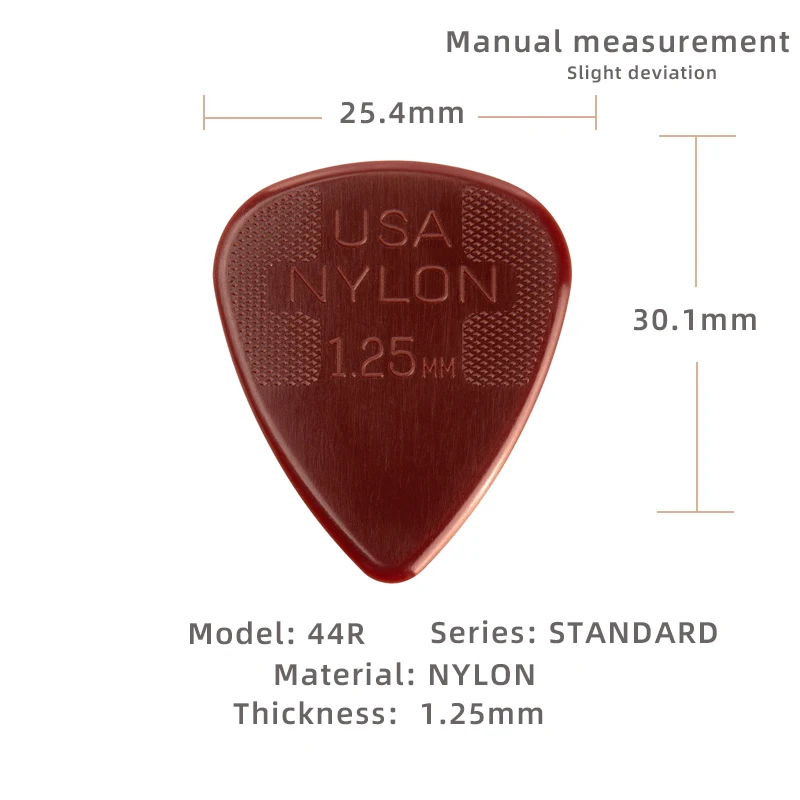 Guitar pick. Dunlop Nylon pick, non-slip, 1.25mm thick. The strings are soft in tone. Suitable for folk/classical guitar.