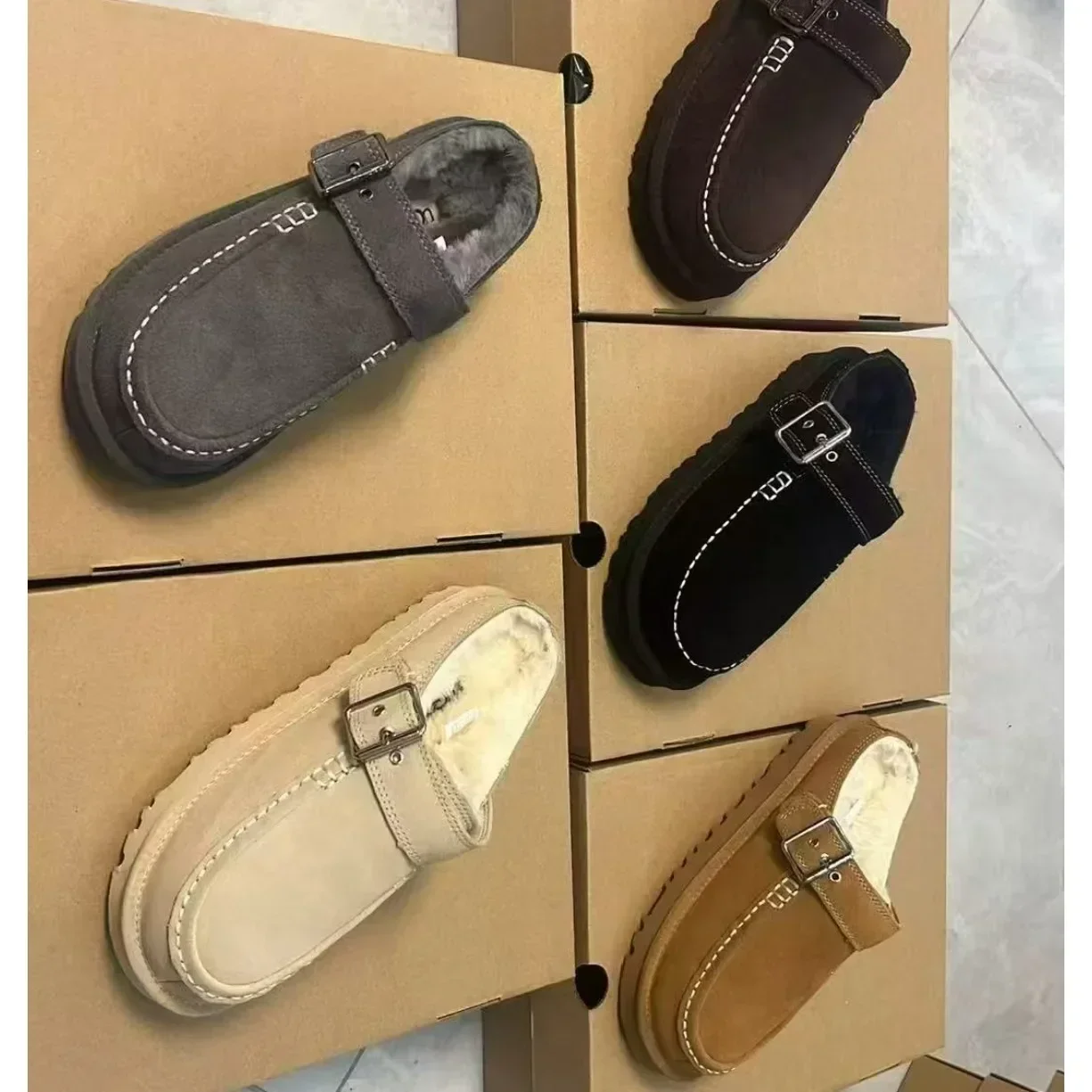 Golden Family Xuanjin Solid Color Buckle Toe Post Slippers Birkens Thickened and Fuzzy Crocogrip Leather UG Wool Sandals