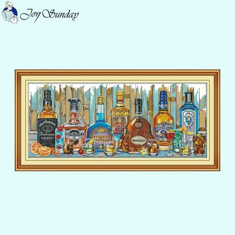 Wine Bottle Series Pattern Joy Sunday Cross Stitch Kits 14ct 16ct 11ct White Fabric Printed Embroidery Set DIY Home Decor Crafts