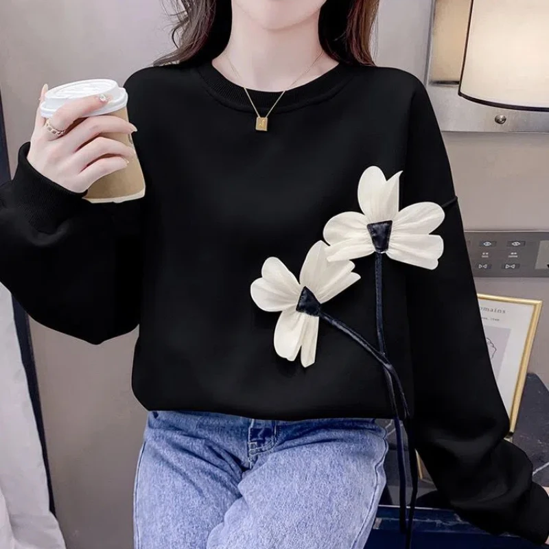 Women\'s Clothing Korean Autumn Winter Tie Flowers Solid Color Lantern Long Sleeve Pullover Hoodies Casual Loose Flattering Tops