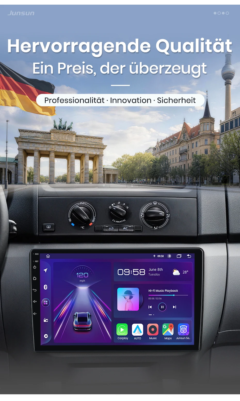 Junsun 10 Zoll Android 15 Autoradio für Skoda Fabia 2 2007-2014, kabelloses Apple CarPlay, Auto-IPS-Bildschirm, Stereo-Multimedia-Videoplayer, intelligente Fahrzeugsysteme, 2-DIN-Autoradio-Haupteinheit, GPS-Navigation, BT, 4G, WLAN, 8-Kern-Prozessor, FM, AM, DSP, RDS, SWC, DAB+ – Detail 2