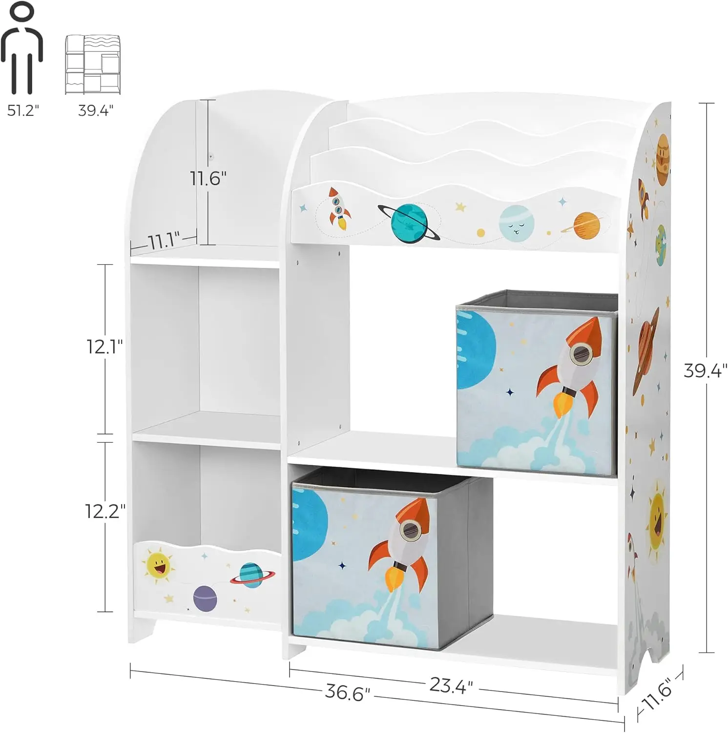 Kids Toy & Book Storage Organizer with 2 Boxes, White Bookshelf for Playroom, Bedroom, Living Room