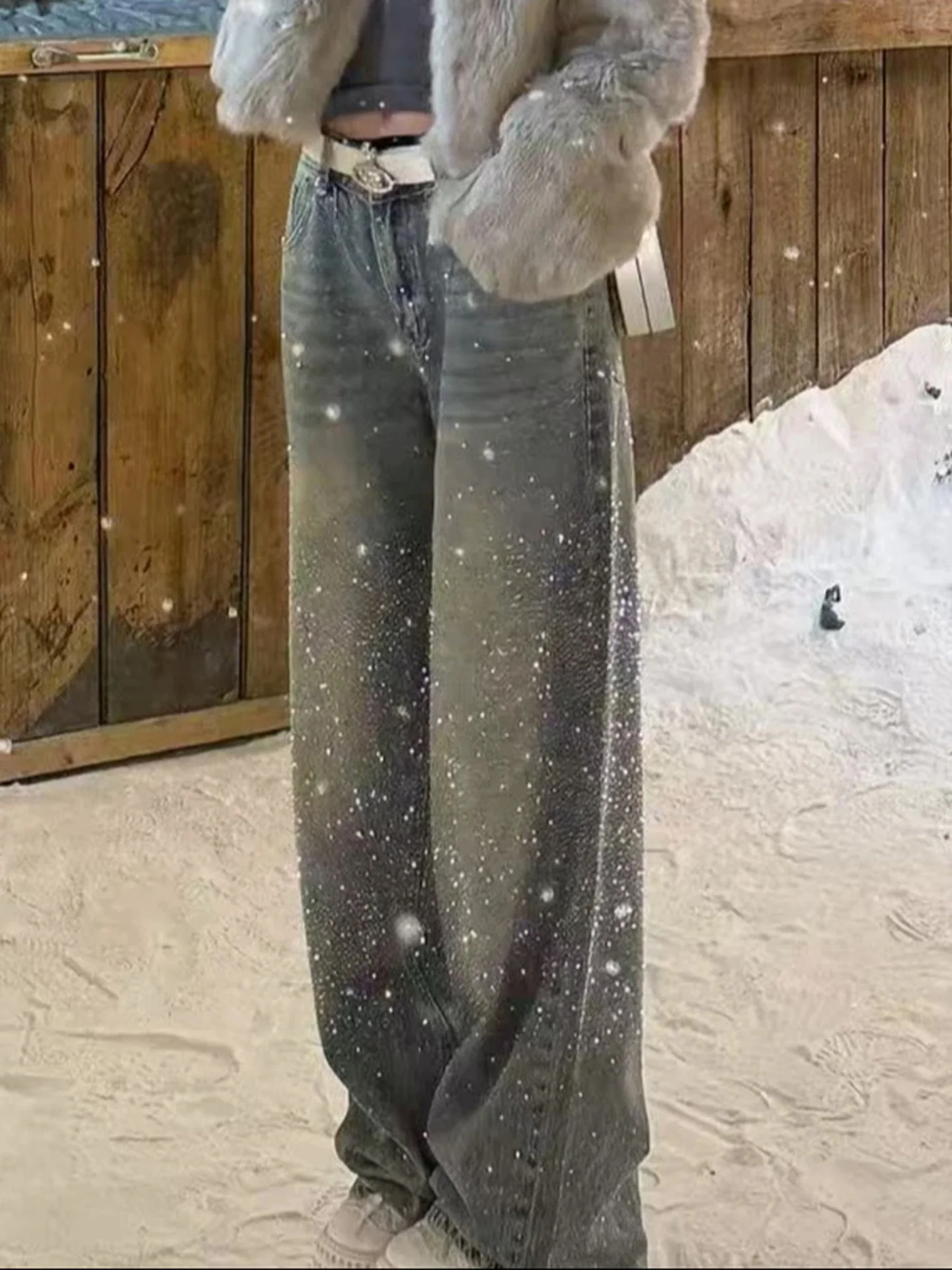 ルーズフィットキラキラデニムジーンズ女性のハイウエストワイドレッグパンツスリミングスレ秋冬ファイオントレンドプラスサイズ