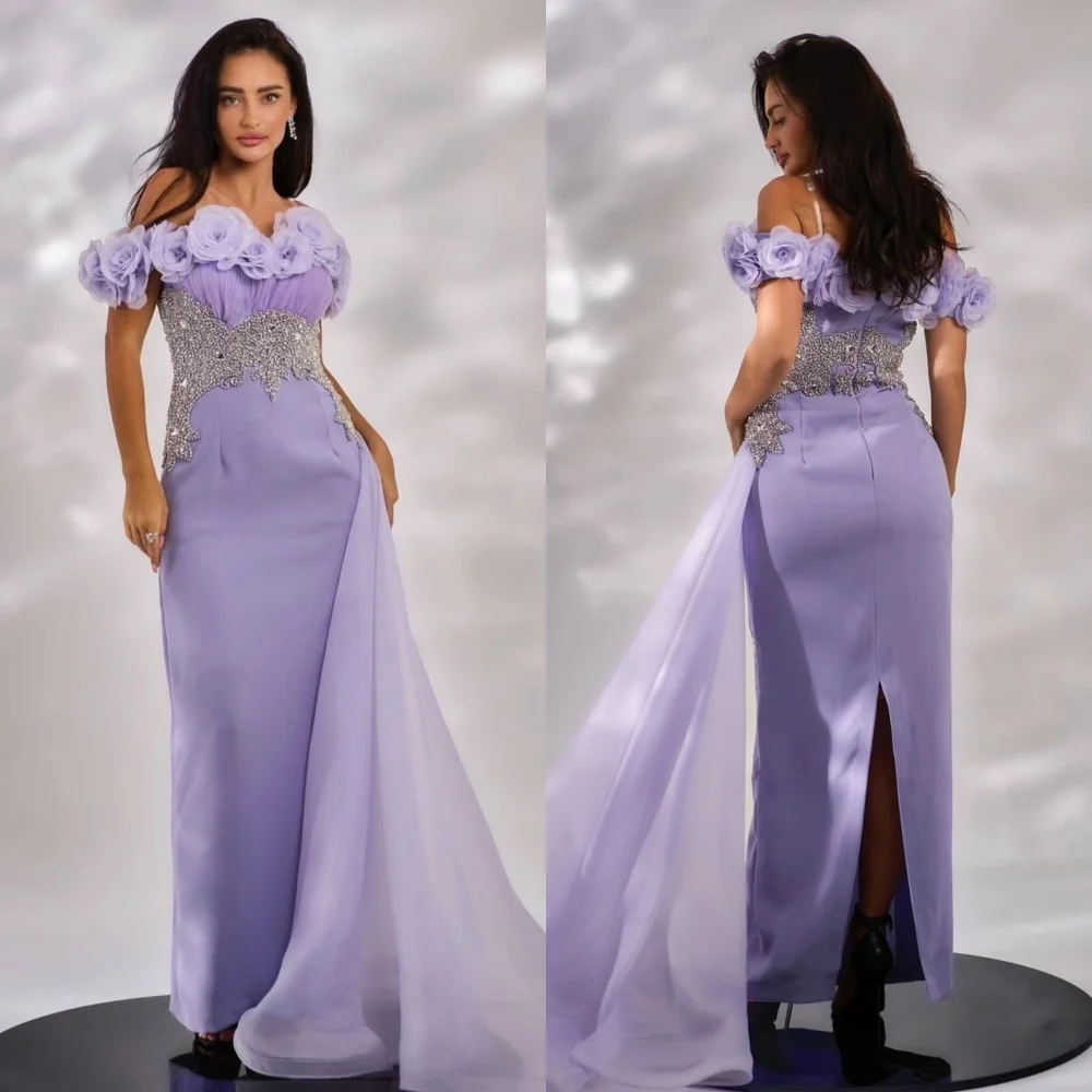 Customized Simple Jersey Pleat Sequined Flower Straight Off-the-shoulder Long Dresses Bespoke Occasion Dresses Unisex