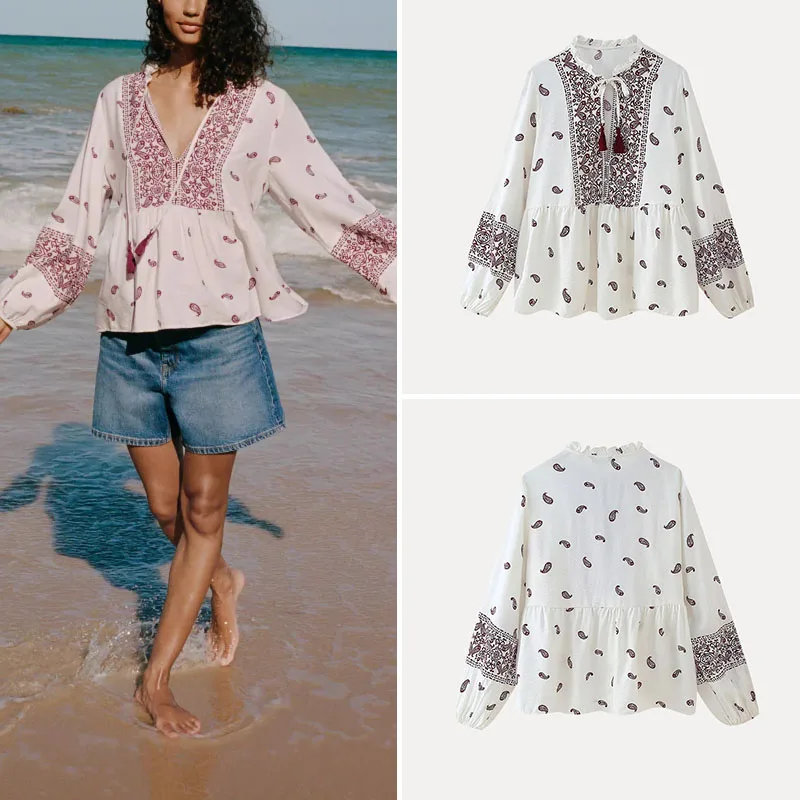 

Ele Floral Print irt Women's Sle Suzhou Embellied Spring 2025 Loose Fit Long Sve V-Ne Polyester Fiber