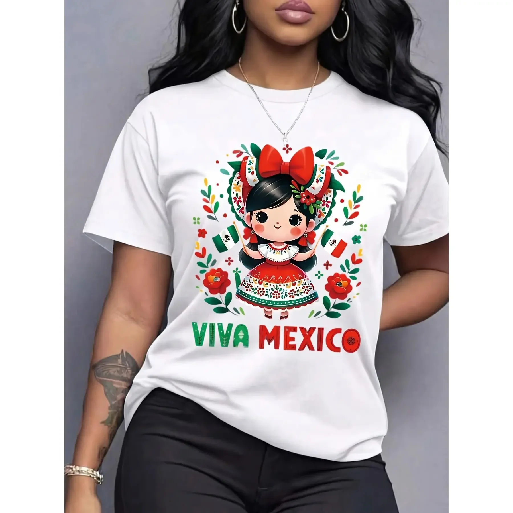 Women's Viva Mexico Graphic Oversized Round Neck Tee - 100% High-Grade Cotton, Breathable Heavyweight Essential, Casual Loose-Fitting Summer Top, Mexican Heritage Gift, 3XL, Machine Washable, Hang Dry, No Bleach,sohochic