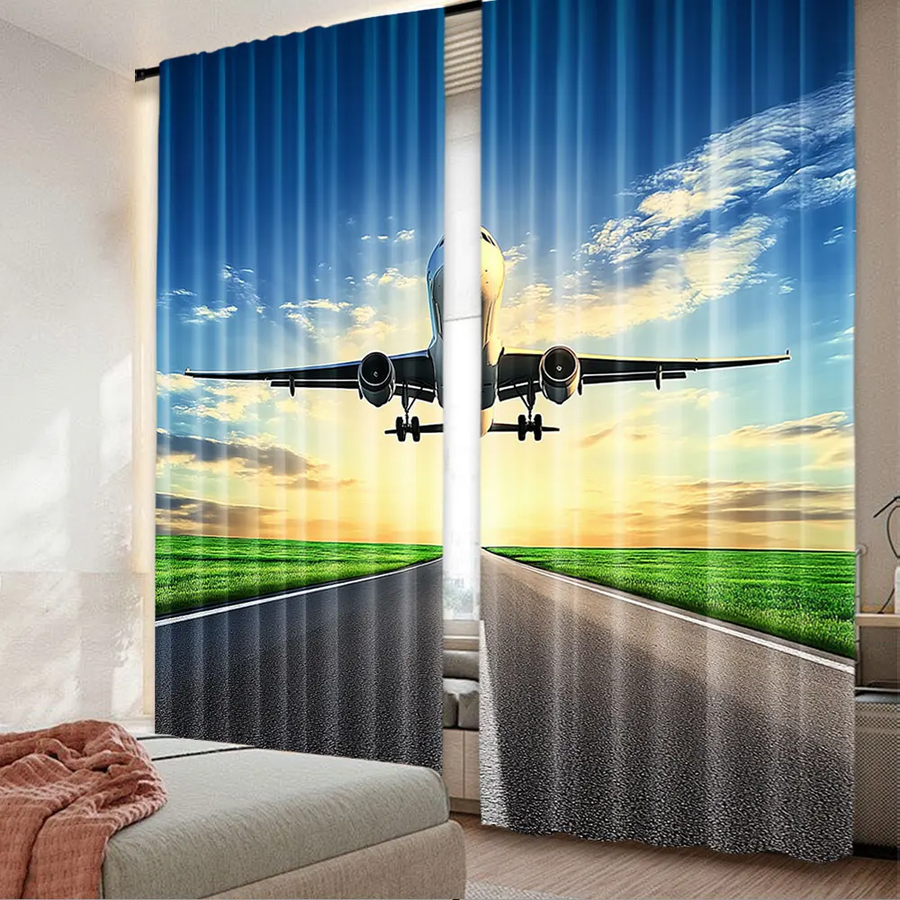 2Pcs Plane Curtain Airplane Landing Takeoff Airport Runway Rosy Clouds Sky Scene For Living Room Bedroom A