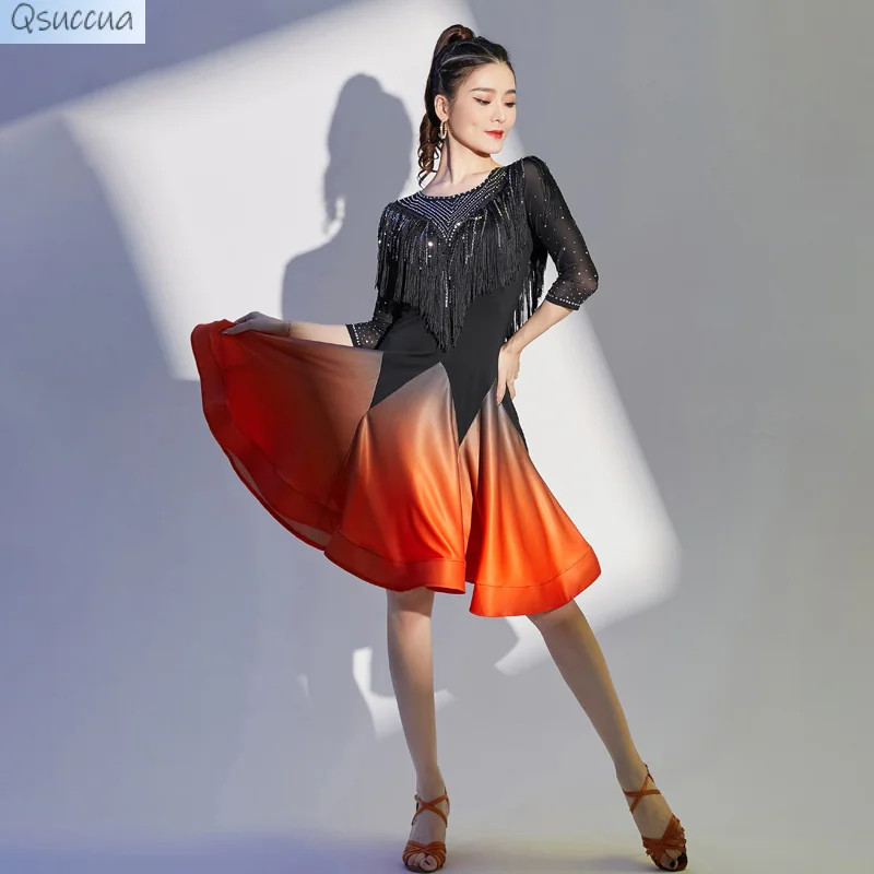 Competition One-Piece Latin Dance Dresses Women Stretchy Dress Half Sleeves Fringes Costume Satin Skirt