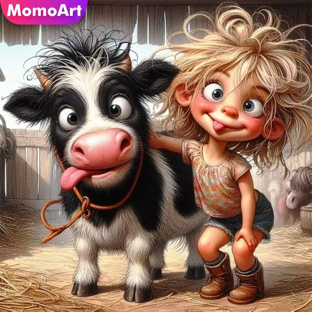 Momoart Diamond Painting Cow Animal Cartoon Diamond Mosaic Cattle DIY Cross Stitch Kits Kid Embroidery Child Hobby