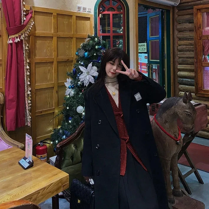 

Шерстяные пальто средней длины, женские шерстяные осенне-зимние черные верхняя одежда, топ большого размера, осенний рукав реглан из синели, художественный французский OL