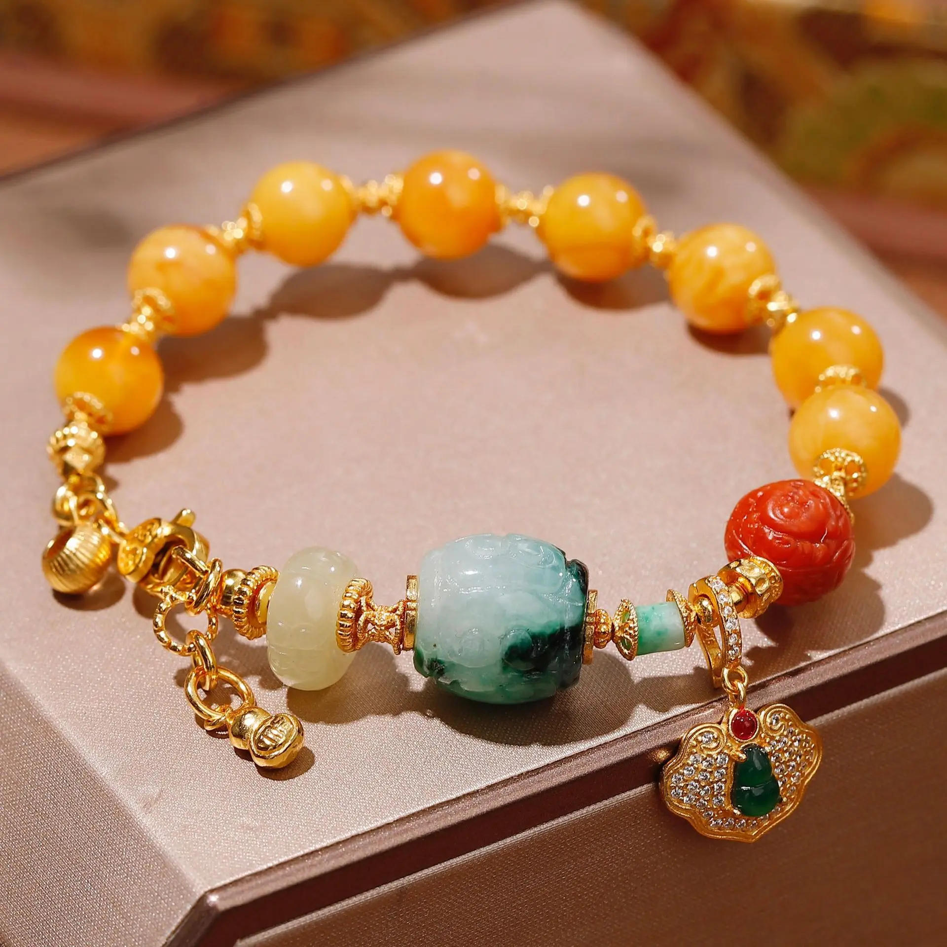 

S925 Sterling Silver Natural Amber Bracelet - Red Agate Jadeite Hetian Jade Multi-Gemstone Beaded Jewelry