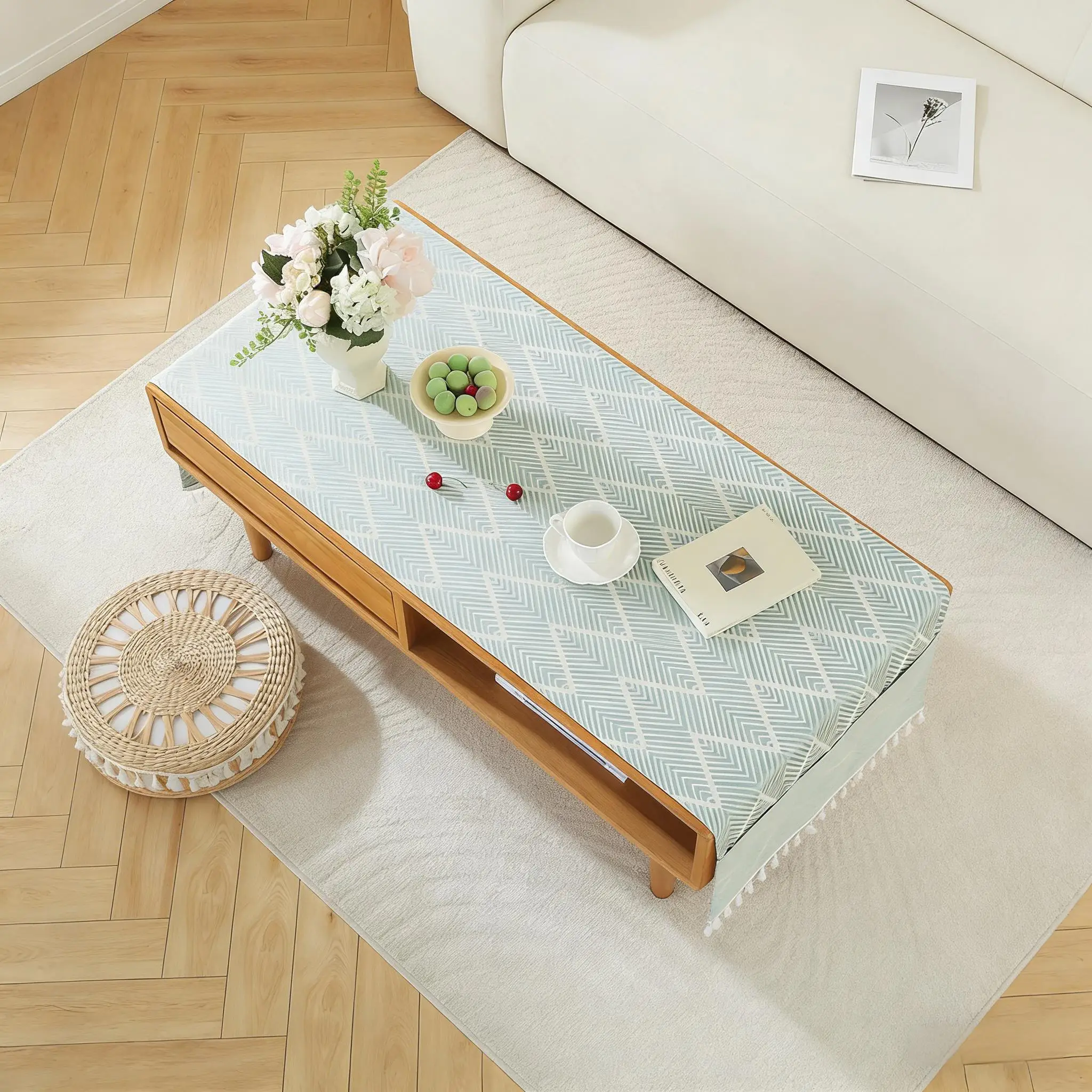 Farmhouse Coffee Table Cloth with Tassle Small Rectangle Tablecloths for Side Table Washer Dryer Fridge Top Dust Cover