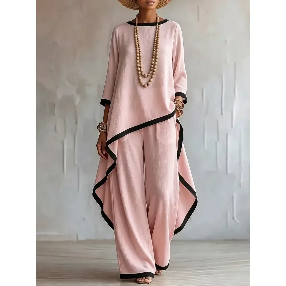 Women Elegant Linen Long Sleeve Blouse Loose Pants Set Casual Matching Set Ladies High Waist Breathable Minimalist Streetwear