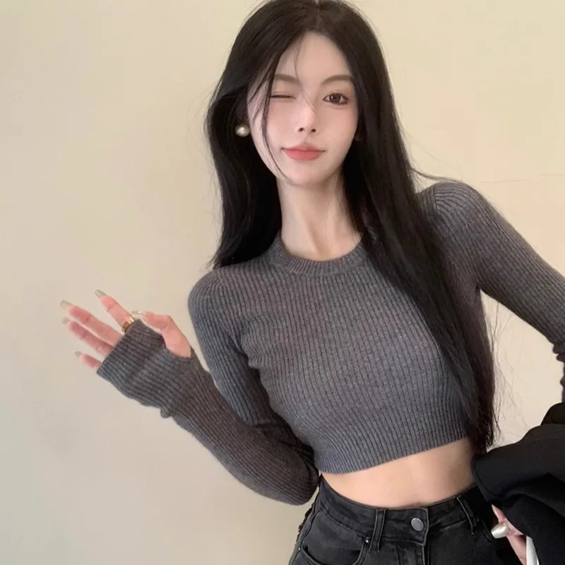 

Black Long Sleeve Short Knitted Sweater For Women 2025 Autumn Winter New Slim Fit Base Layer Hot Girl Student Top