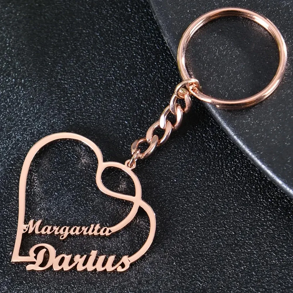 Personalized Couple Keychain Customized Double Name Heart Pendant Stainless Steel Key Ring Fashion Jewelry Christmas Gift