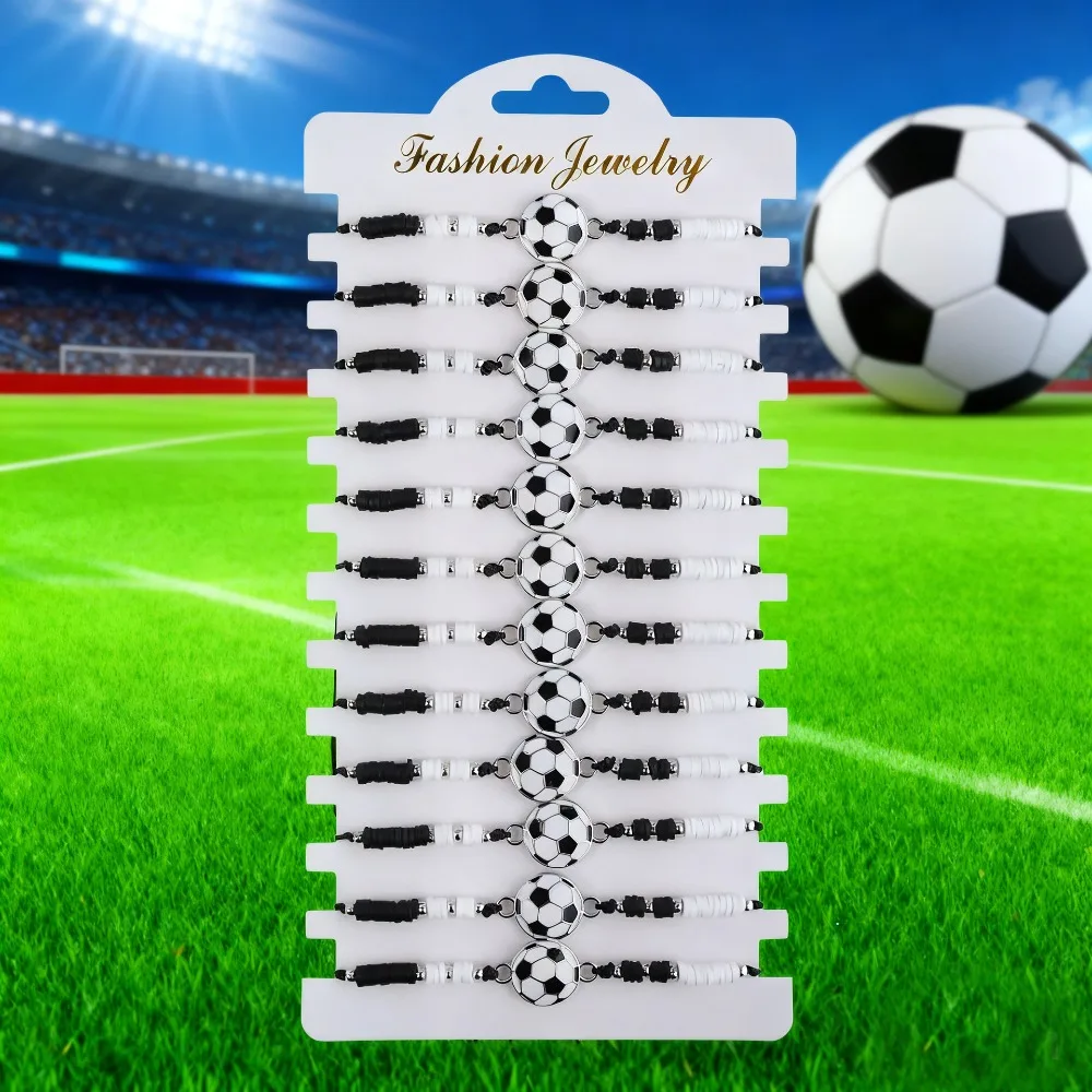 12Pcs Wholesale Alloy Football Soft Ceramic Crystal Bead Bracelet Fashionable Boys and Girls Sports Adjustable Sports Bracelet