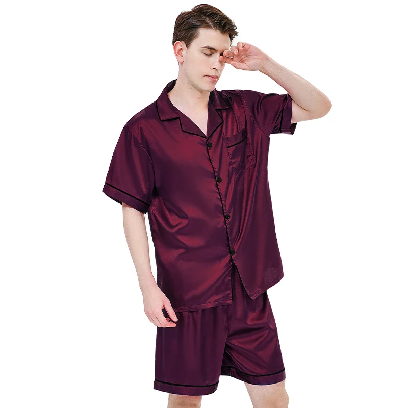 Multiple colors available for ice silk pajamas men\'s short sleeved shorts, thin summer solid color sleepwear home suit