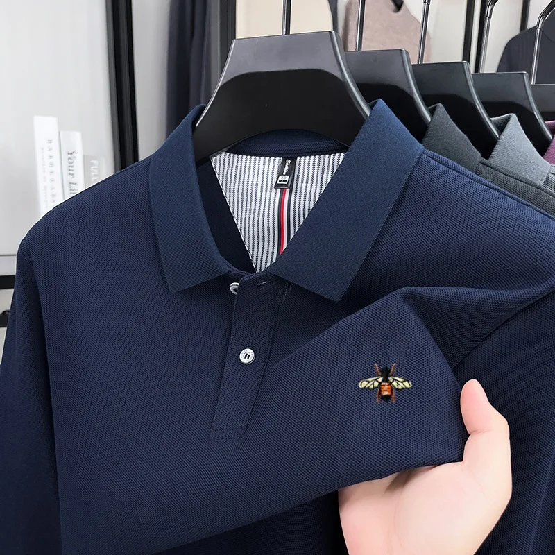 Camiseta de golf de lujo para hombre, 100% algodón puro, de marca de moda otoñal, con bordado de abeja, original y auténtica de primera calidad.