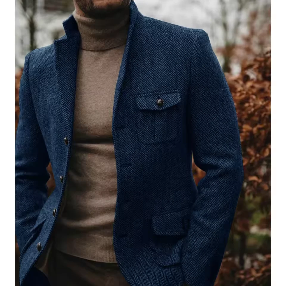 

Мужской пиджак с узором «елочка», однобортный воротник-стойка, деловой деловой наряд, повседневный пиджак с зауженной талией, модное облегающее пальто