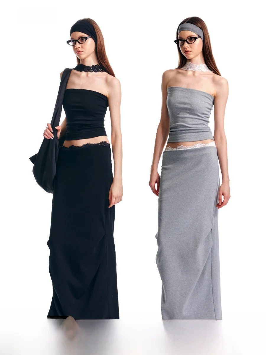 

ALINNV Оригинальный дизайн, новая модная женская длинная юбка с низкой талией, вязаная, с кружевной отделкой на талии