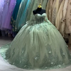 Sage Green Quinceanera Dresses 2024 Hanmade 3D Flower Applique Beads Sweet 16 Dress Vestidos De XV 15 Anos Birthday Party Prom