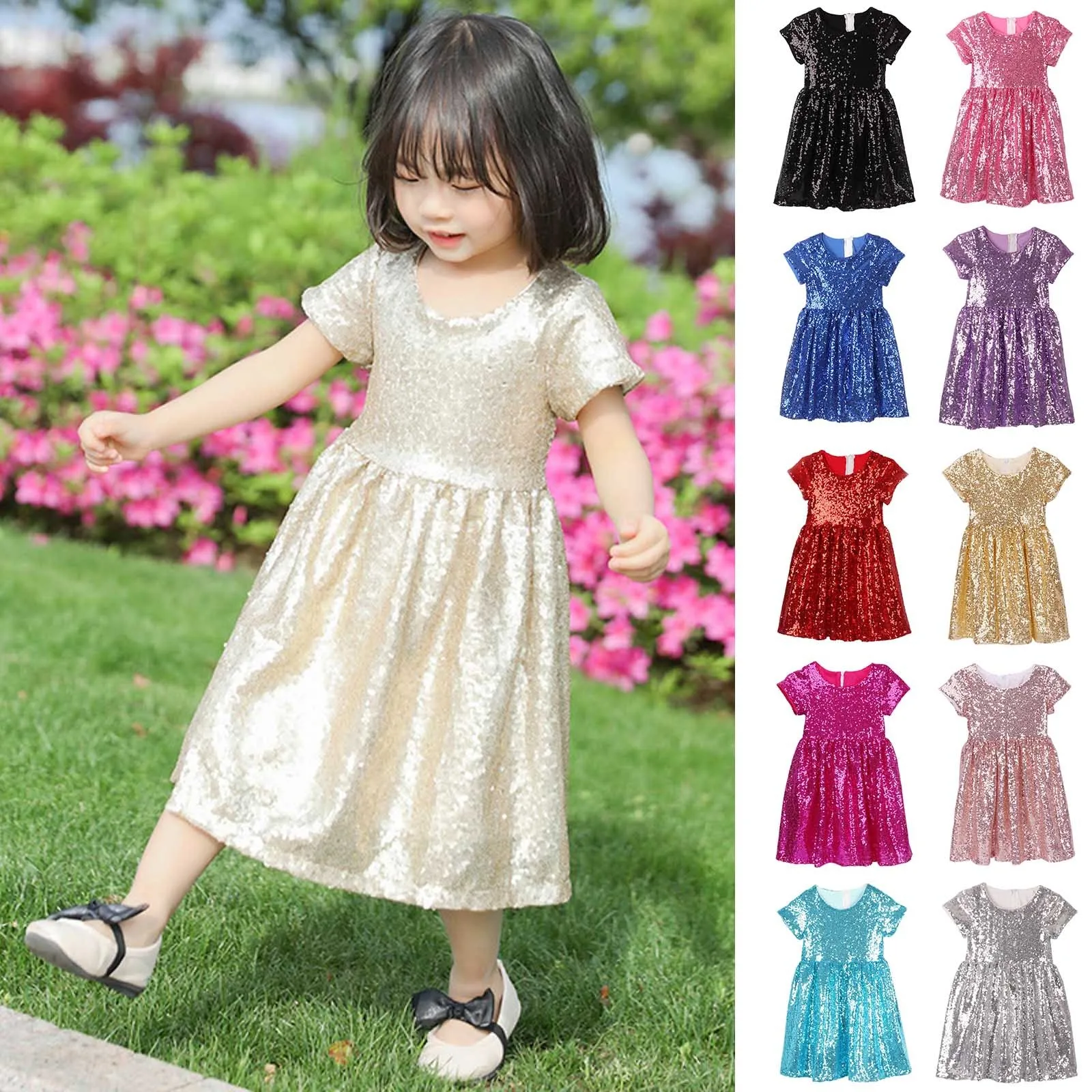 فستان لطيف للفتيات الصغيرات مزين بالترتر بأكمام قصيرة للأطفال الصغار فيستدو لحفلات عيد الميلاد وحفلات أعياد الميلاد فستان التخرج لـ 3-8T