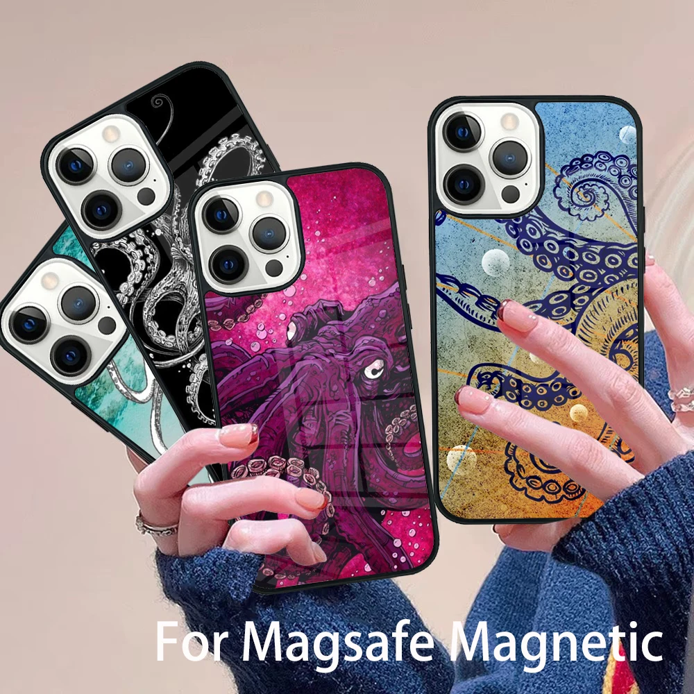 

Octopus Ocean Aesthetic Phone Case Magesafe Magnetic Wireless Charge Cover For IPhone 16 11 12 13 14 15 Pro Max Plus Mini