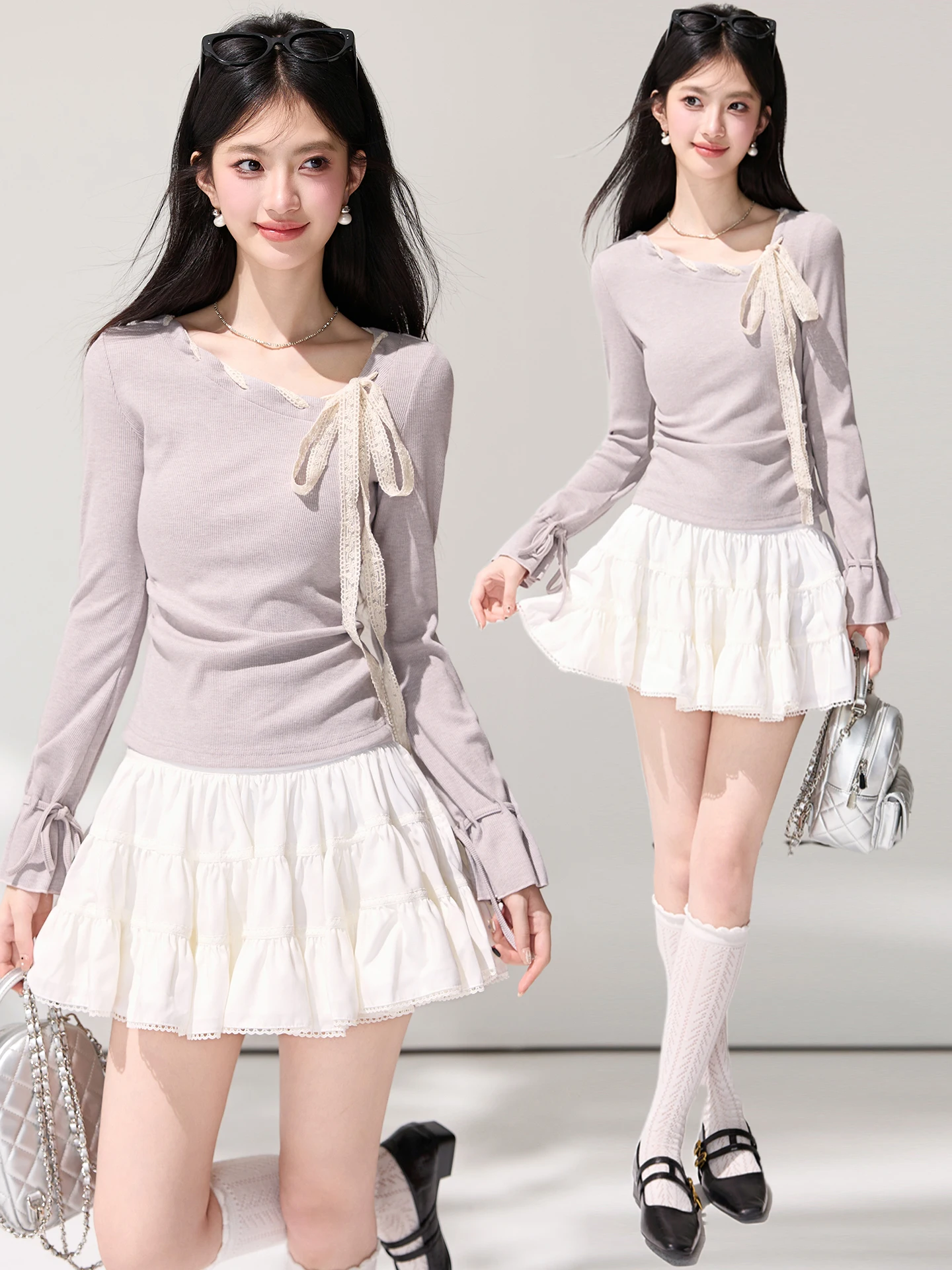 2026 Spring New French Purple Sloping-Collar Long-Sleeve T-Shirt with Bowknot Lace-Up T-Shirt and Waist-Controlling Top