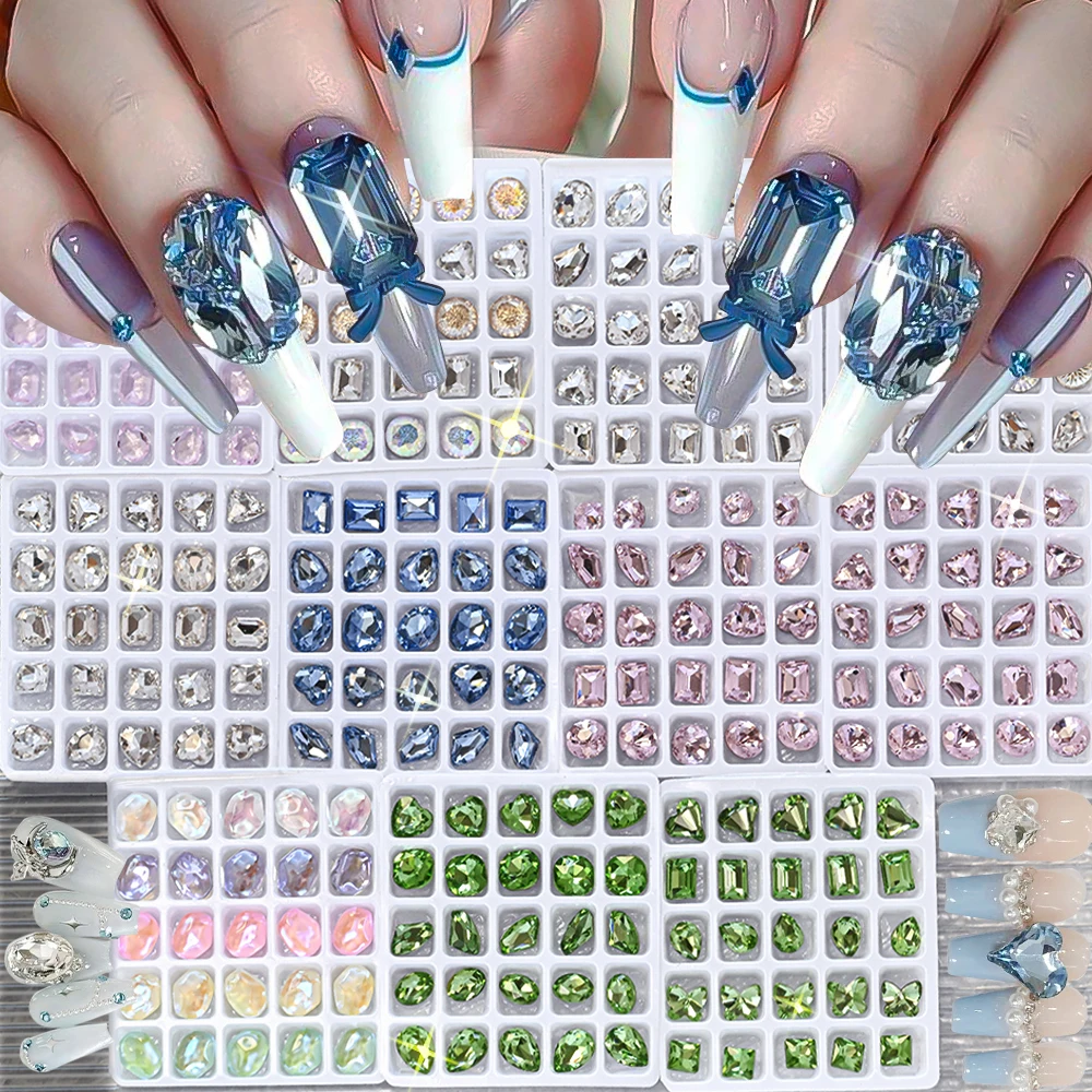 25Pcs 3D Pointed Bottom Crystal Rhinestones Nail Charm Clear/Pink/Green Glass Stone Luxury Diamond Gems Manicure Decoration